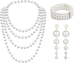 MIVAIUN Juego de 3 Pendientes de Perlas Pulsera de Perlas Elásticas Collar de Perlas de 1920 Ropa y Accesorios Juego de Joyas para Fiestas Bailes de Graduación Bodas Festivales