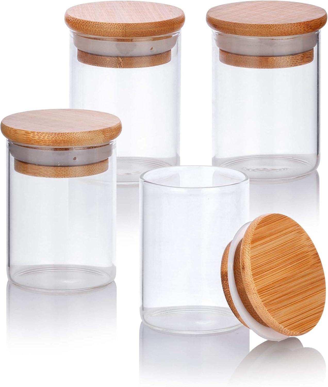 JUVITUS Tarro de vidrio transparente de 4 onzas con tapa sellada de silicona de bambú de madera (paquete de 4)