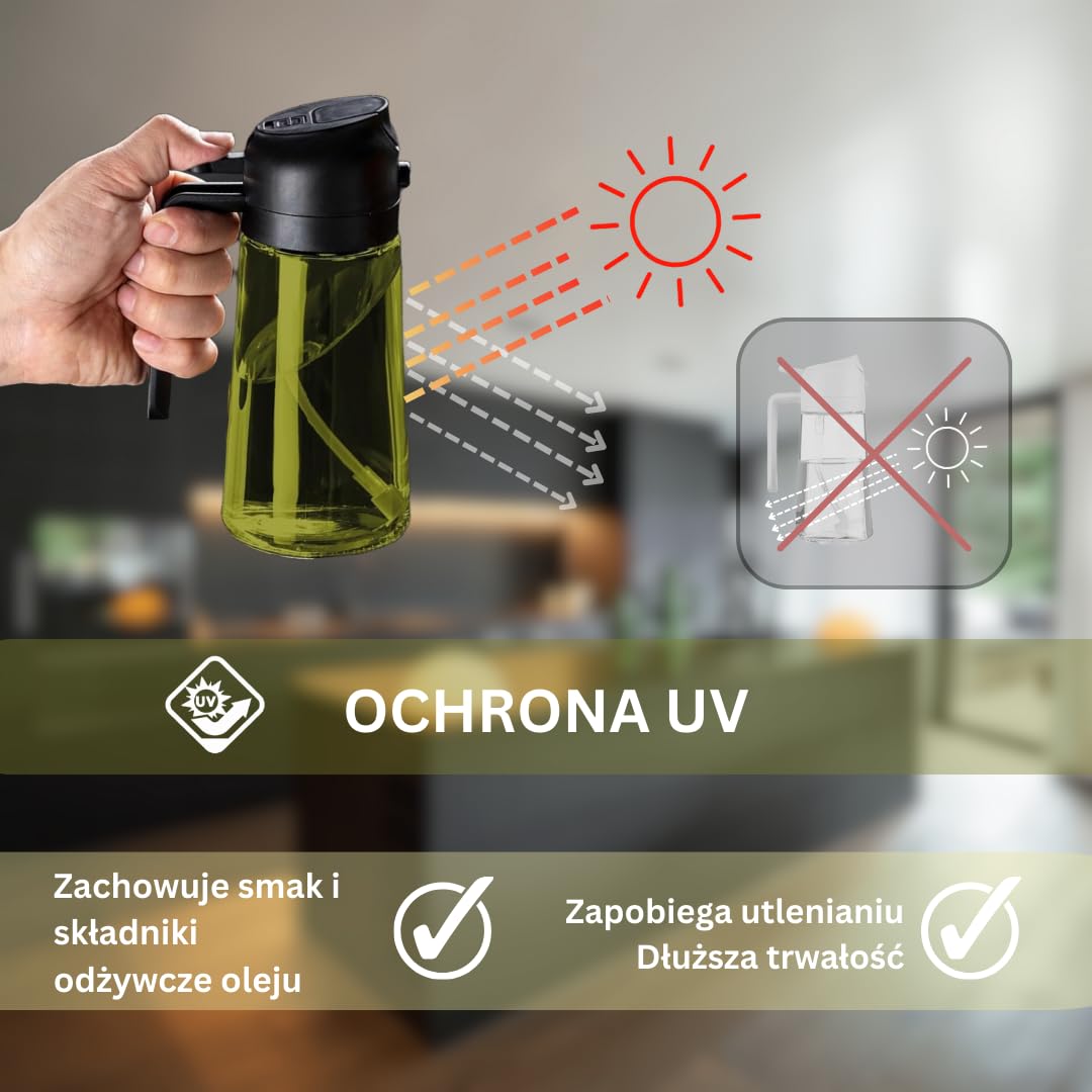 2-w-1 Spray i Dozownik Oleju – 470ml | Ciemnozielone Szkło z Ochroną UV przed Słońcem | Butelka Antykapiąca na Oliwę do Kuchni, Grilla, Frytkownicy, Zdrowe Gotowanie, Świeżość Smaku