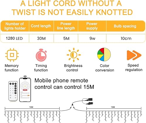 Miniatura 9 de Guirnalda de luces de Navidad para exteriores, de color blanco cálido a multicolor, 98 pies, 1280 LED con aplicación y control remoto para