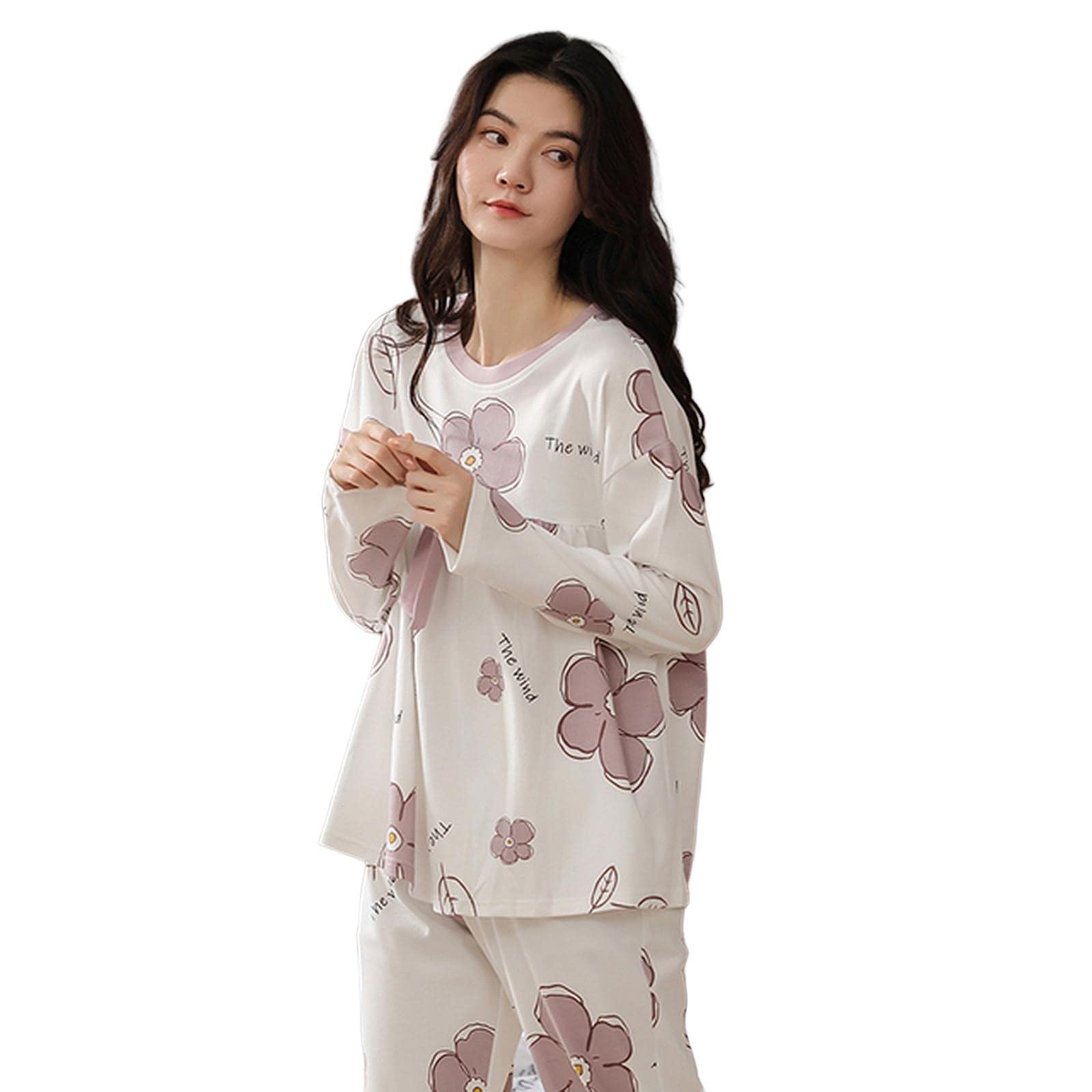 MOGSA Pijama para mujer, primavera, otoño, de algodón, elegante, floral, conjunto de ropa de dormir, pantalones a cuadros, pijama para mujer, hogar, W6, L asiático (50-60 kg)