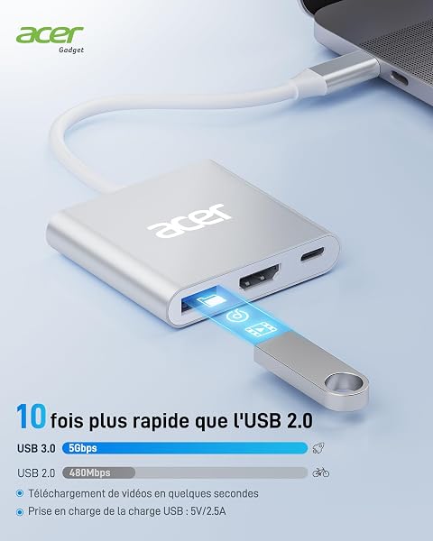 acer Adaptateur USB C vers HDMI 4K, 3en1 Adaptateur Multiport AV Numérique USB C avec HDMI,PD Charge 100W,USB 3.0, Câble Type C hub Compatible avec MacBook Pro/Air, Galaxy, Surface etc. - 4