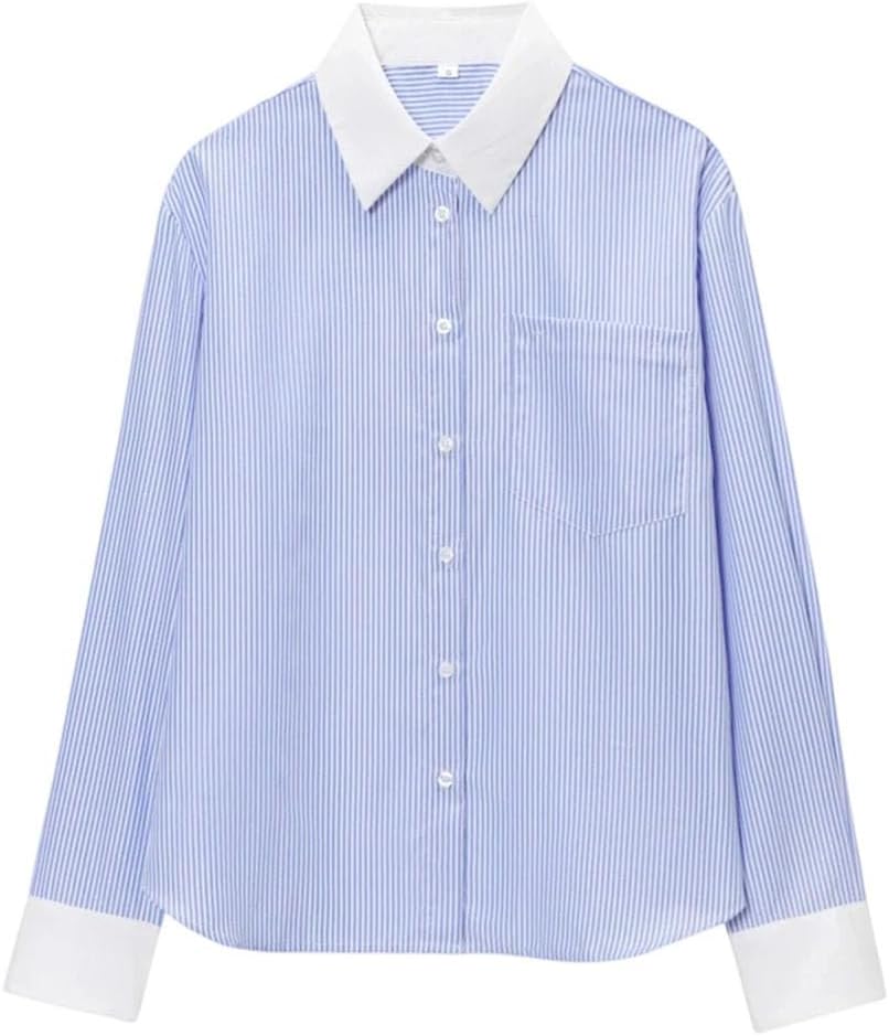 Women's Lapel Contrast Striped Long-Sleeved Shirt