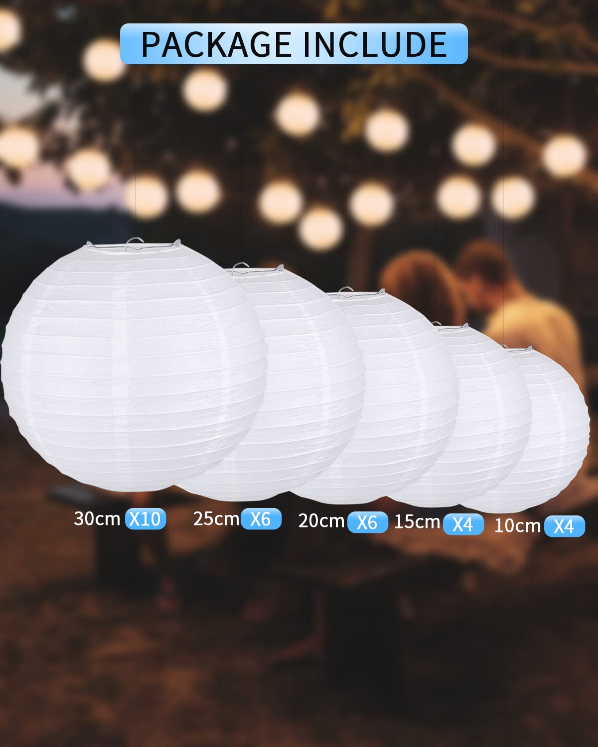 Lanterne Cinesi Da Appendere | 30 Pezzi In Carta Di Riso | Diametri 10-30 Cm | Per Feste, Matrimoni, Decorazioni - Foto 3