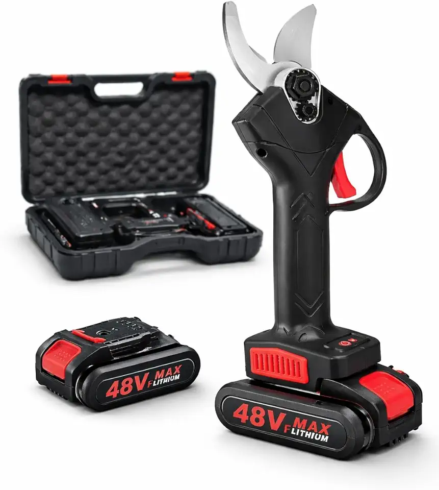 Tesoura de Poda Elétrica 48V com 2 Baterias de Lítio, Corte Profissional até 30mm, Lâmina SK5 Alta Potência, Podador Sem Fio Portátil para Jardim, Pomar e Uso Agrícola