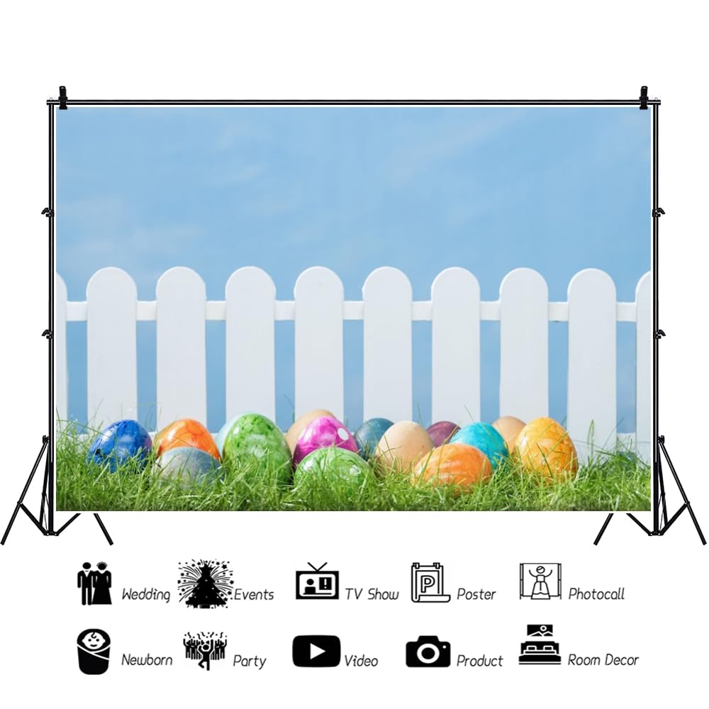 Renaiss Sfondo Fotografico Primavera Pasqua 3x2m Con Recinto, Arcobaleno, Erba, Uova Colorate E Coniglietto, Perfetto Per Baby Shower E Ritratti Bambini