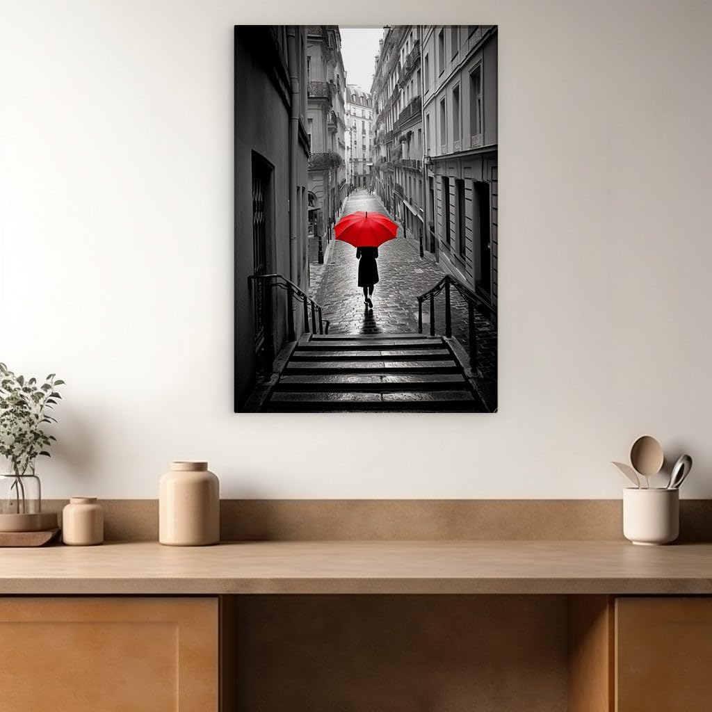 Canvas for Living room. A Pop of Color in a Monochrome World The Lady with the Red Umbrella Ascends, 27 x 18 inch Canvas Wall Art - Modern Home Decor