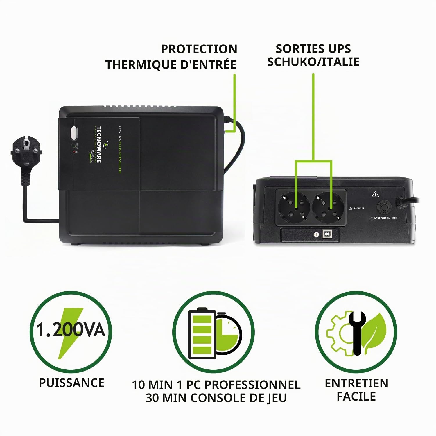 Tecnoware Power Systems - UPS ERA PLUS ACTIVE 1200, Onduleur 1200VA, Protection PC avec PFC Actif, Mac, Console de Jeu, AVR, USB, Batterie 12V 9Ah, Silencieux, 1200VA