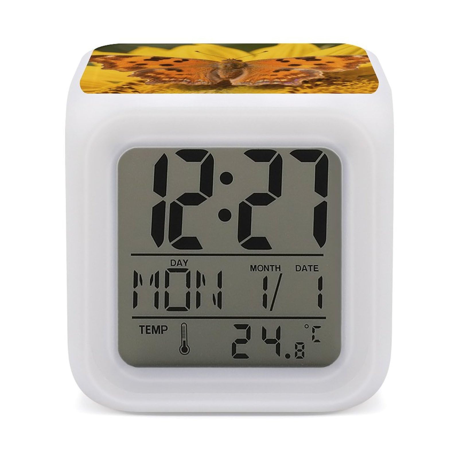 7 Color Ambient Night Light Cube Battery Operated Orange Butterfly Digital Clock with Snooze Temperature LED Digital Alarm Clocks Dimmable Wake Up Light Portable Mood Lamp for Bedroom Desk Gift