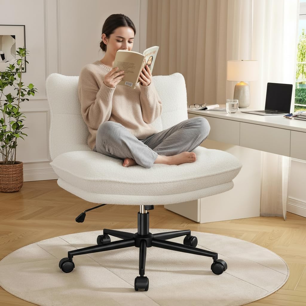 DurayLoly Criss Cross Chair with Wheels, 6.2" Extra Thick Cross Legged Office Chair, Height Adjustable Swivel Design for Home Office, Study & Vanity,White
