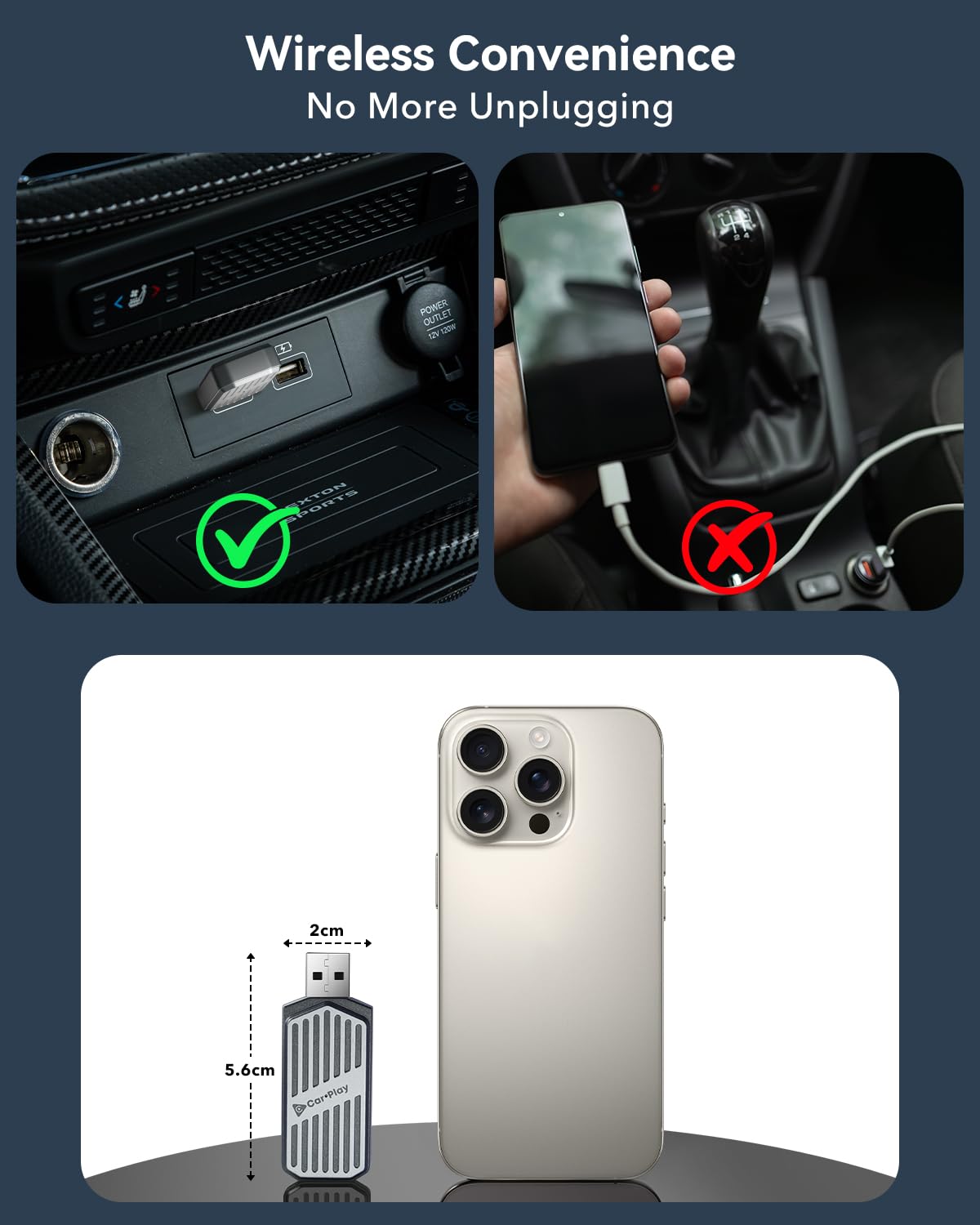 StageSound Mini bezprzewodowy adapter CarPlay & Android od Wired CarPlay na bezprzewodowy, Plug & Play, niskie opóźnienia, stabilne połączenie, złącze USB-A/C, kompatybilny z iPhone i Android