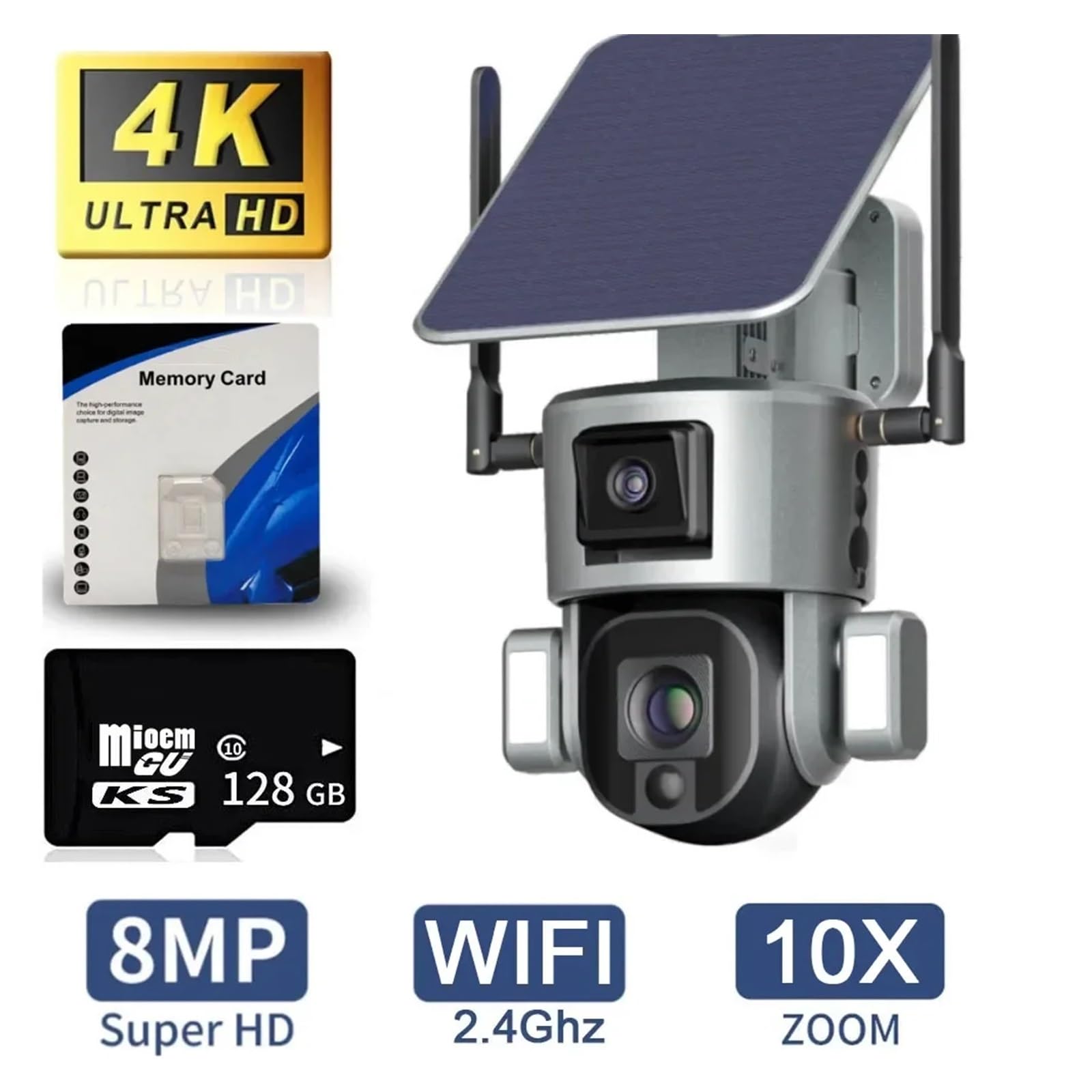Kamery bezpieczeństwa zewnętrzne, Kamera słoneczna 8MP 4k HD zewnętrzna bezprzewodowa 4G lornetka słoneczna kamera PTZ AI kamera z dwoma obiektywami 360 IP66 wodoodporna 10x Zoom do użytku wewnątrz i