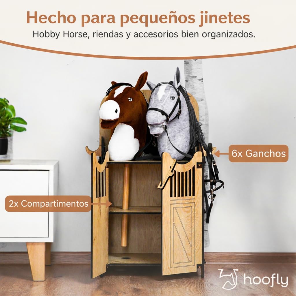 Hobby Horse Establo – Accesorio práctico con Puertas, Almacenamiento y Ganchos/Establo de Madera para 2 Caballos de Palo/Soporte Fuerte para 2 Hobby Horses