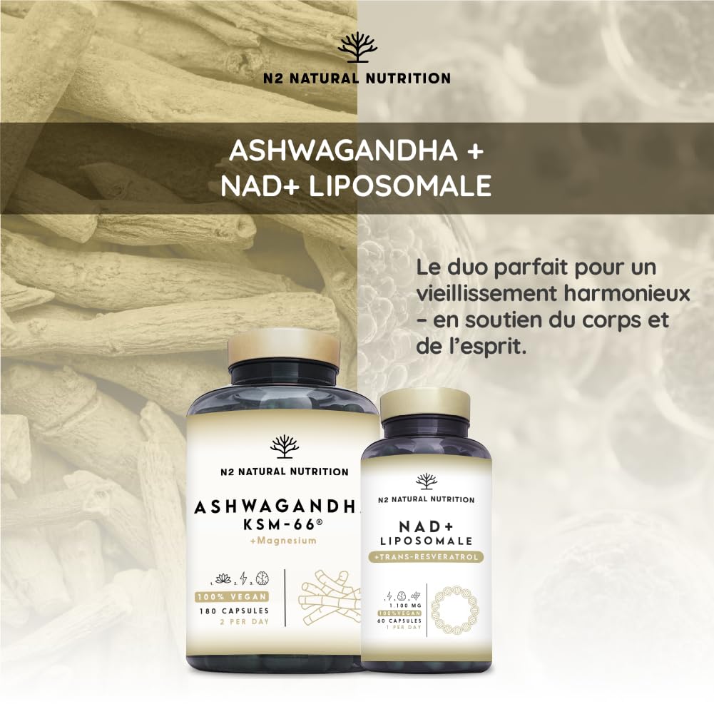 Ashwagandha KSM-66 + Magnésium. 7500 mg Extrait, 180 Gélules. Withanolides, Alcaloïdes, Flavonoïdes, Adaptogène Complet pour Sommeil, Humeur, Vitalité. N2 Natural Nutrition