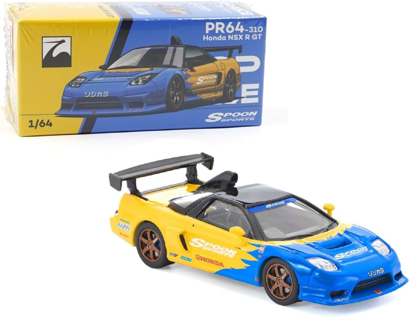Diecast Collectibles Model Car Compatible with Pop Race 1:64 Honda NSX-R GT Spoon Sports Blue and Yellow with Black Top Limited Edition PR640310