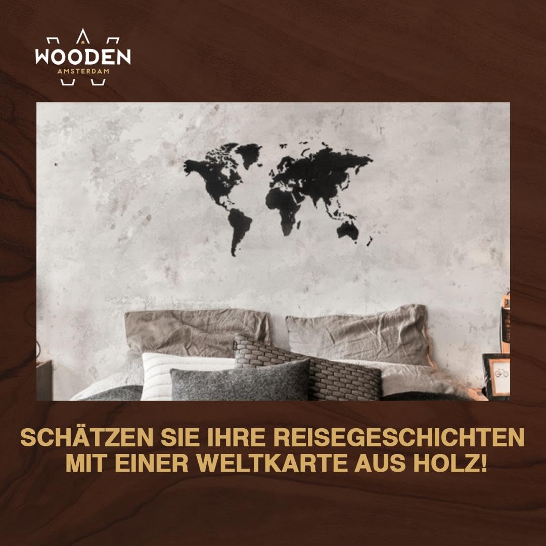 Weltkarte Holz DIY | 130 x 78 cm Wanddeko aus FSC-zertifiziertem HDF | 48 Pins & 25 Inseln zur Personalisierung | Weltkarte zum Pinnen Geschenkidee (Schwarz)