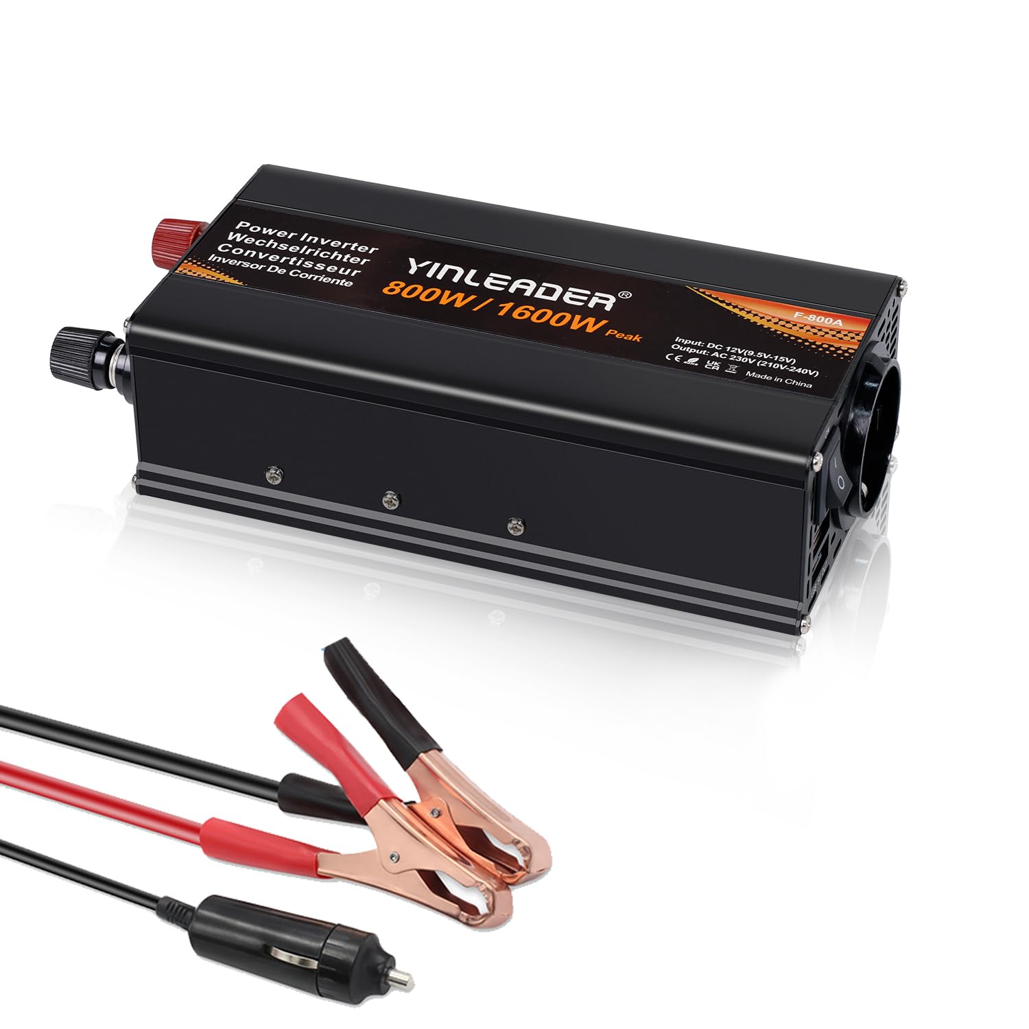 Yinleader 800W /1600W Wechselrichter 12V auf 230V KFZ Spannungswandler mit 1 EU Steckdose, 2 USB LED KFZ-Spannungswandler mit Zigarettenanzünder, für Auto, Camping, Wohnmobil