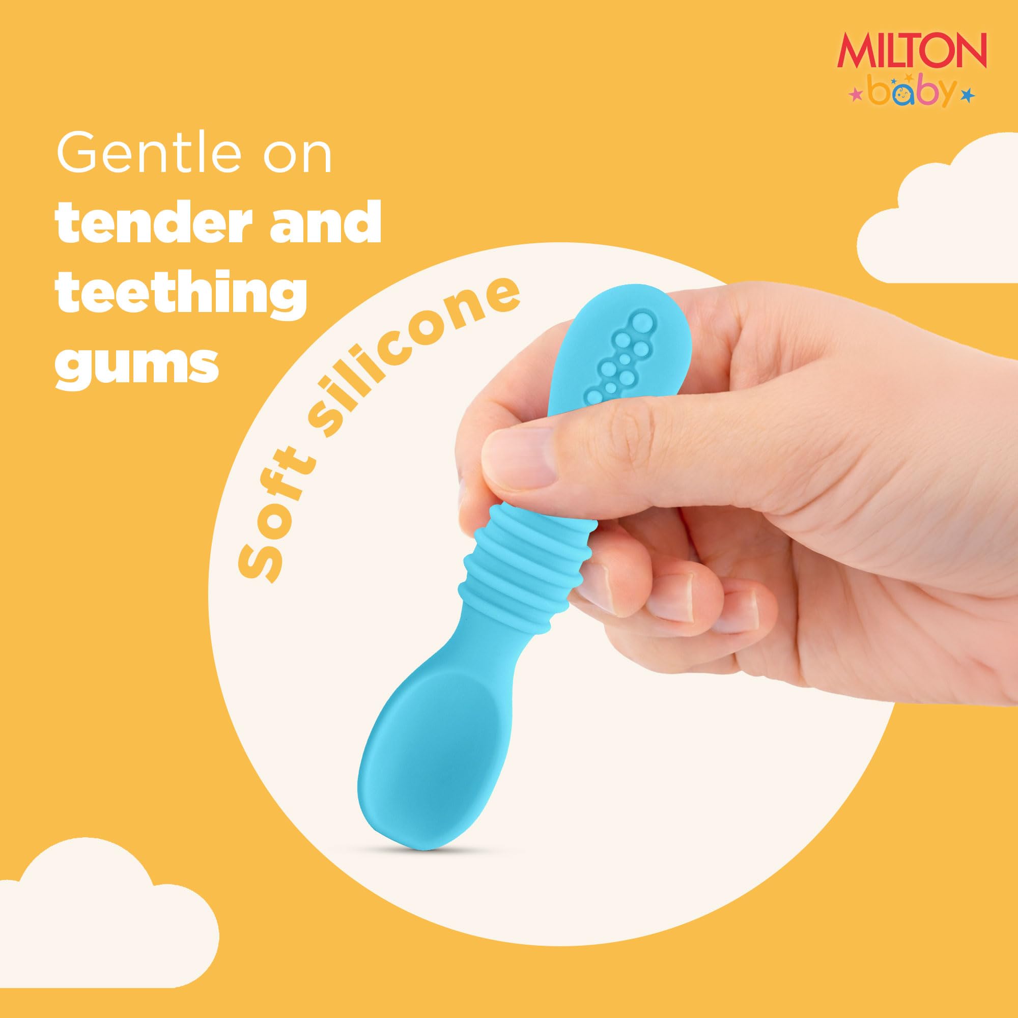 MILTON baby Silicone Tumbler with Spoon I Baby & Toddler Training Cup & Spoon I BPA Free- 100% Food Grade I Weighted Base to Prevent Tip-Overs I Anti Slip Bottom I Gentle on Tender Gums I Light Blue 1