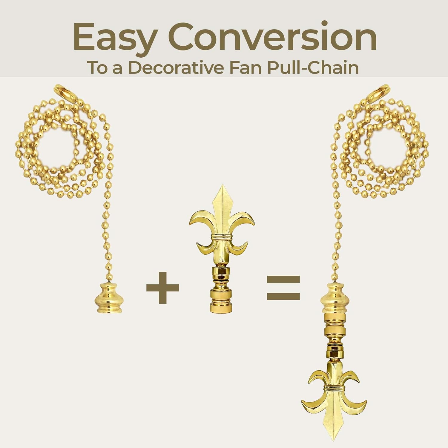 Royal Designs, Inc. Fleur De Lis Finial with Fan Pull Chain, Polished Brass - Pack of 2