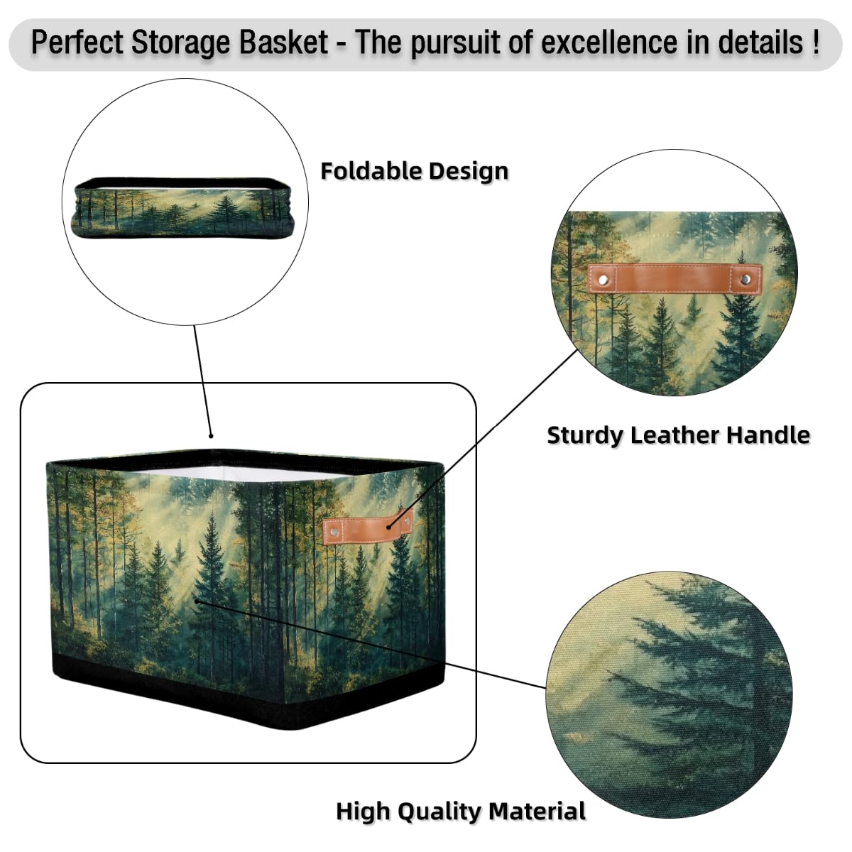 Mexpekil Cesta de almacenamiento plegable con vista al árbol del bosque, caja de almacenamiento de juguetes para niños, organizador de tela para estantes, cesta de regalo grande con asas, 2 piezas