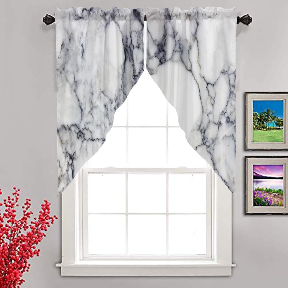 CAPSCEOL Swag Kitchen Curtains Valances for Windows,Black White Marble Swag Curtains Rod Pocket Curtain for Kitchen Living Room Bathroom (2 Panels, 63X36 Inches)