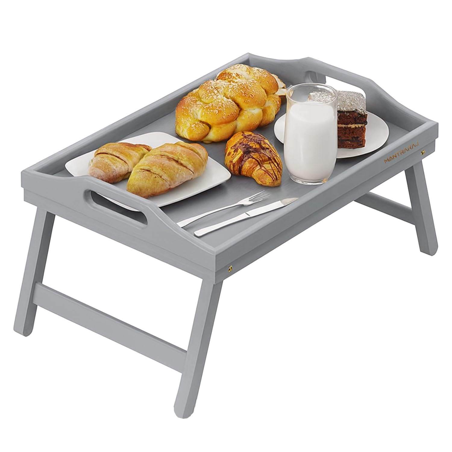Mantraraj Bamboo Bed Table with Foldable Legs And Handles Multipurpose Laptray & Bed Tray For Breakfast in Bed,Sofa,Eating,Platters,Working,Serving,Drawing,Laptop Stand&Snack Tray- Grey 60.5Wx30Lx 23H