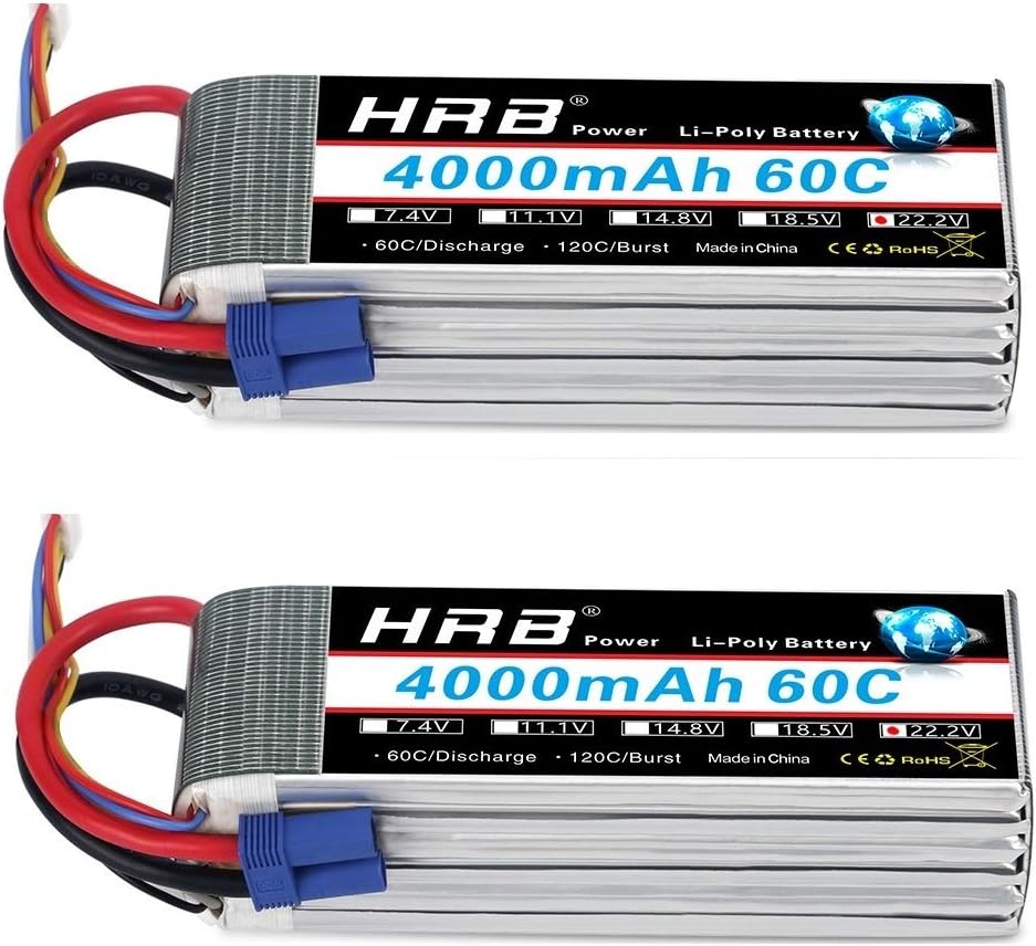 HRB 2packs 6S 22.2V 4000mAh 60C Lipo Battery with EC5 Plug Compatible with RC Helicopter Airplane Car Boat Truck