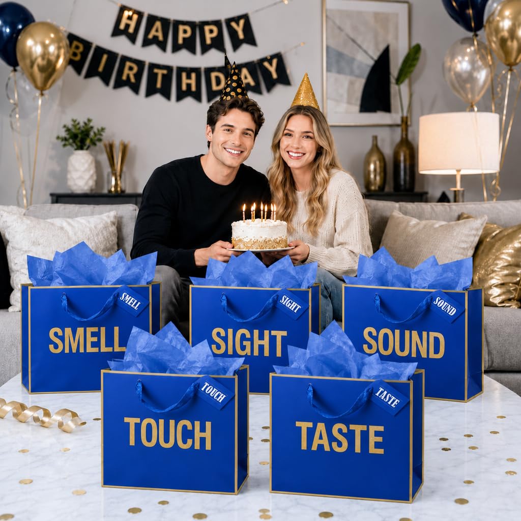 Large Gold Foil 5 Senses Gift Bags For Him Her with Labels Envelopes and Cards, Sight Smell Touch Taste Sound Gift Bags with Tissue Paper For Birthday, Anniversary, Mother'S Day, Valentine's Day 12 x 10 x 4 (Blue)
