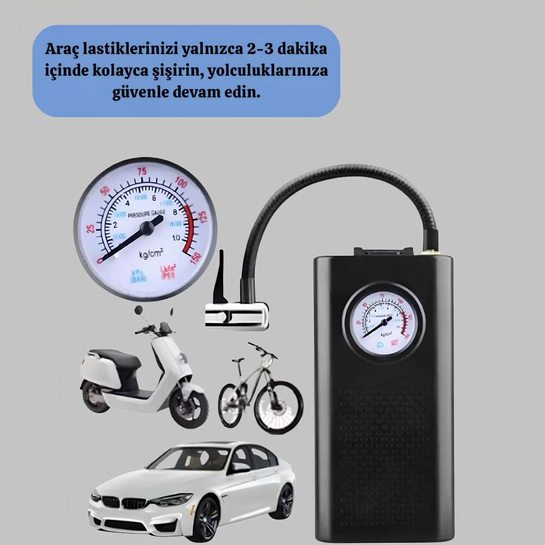 Araç Oto Pompası Şarjlı Taşınabilir Araç Hava Kompresörü - Dijital/Mekanik Göstergeli Kablosuz Araba Lastik Şişirme Pompası, Type-C Şarjlı Oto Hava Pompası, Bisiklet, Motosiklet Şişirme Kiti