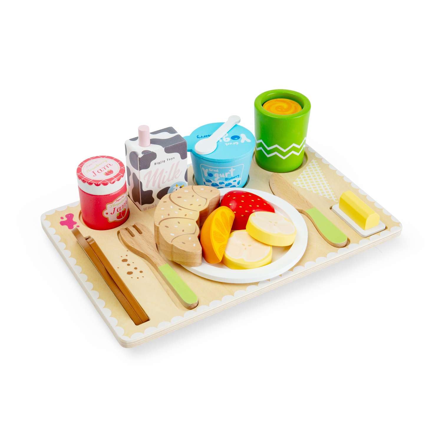 Bigjigs Toys Breakfast in Bed Tray | 28pc Wooden Play Food Set for Kids | Montessori Toy Kitchen Accessories | Pretend Breakfast Tray with Toast, Fruit & Juice | Early Learning Role Play for Ages 18m+