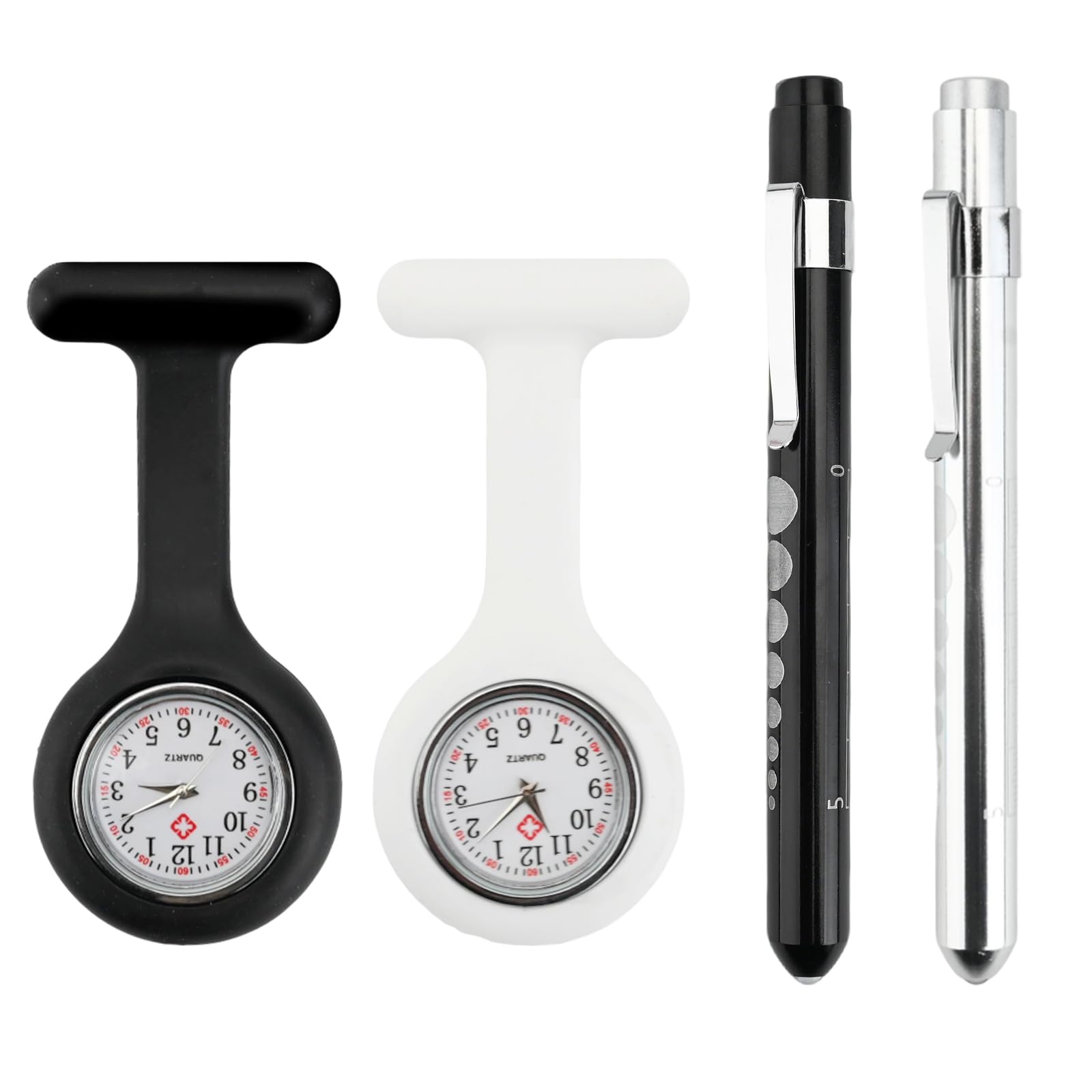 Muiltvoe 4Pcs Nurse Pen Torch and FOB Watch Set, Penlight Flashlight with Pupil Gauge & Silicone Fob Watch with Easy to Read Dial for Health Care Nurses, Doctors, Paramedics