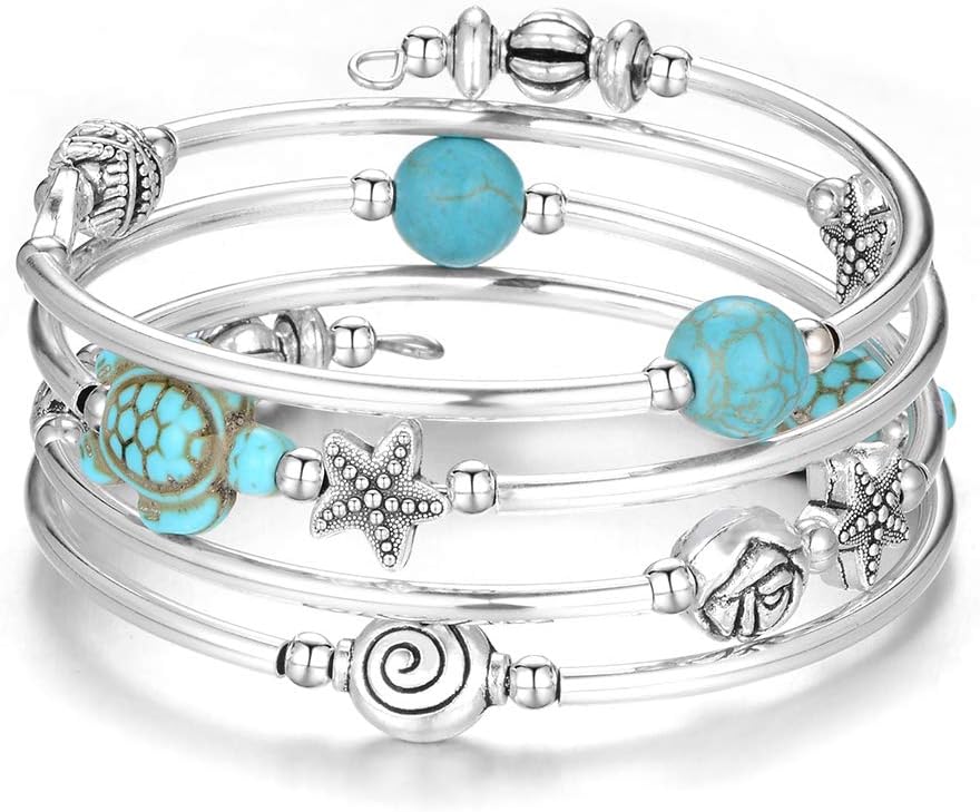 Layered Wrap Bangle Turquoise Bracelet - Bead Bracelet with Natural Agate Stone, Gifts For Women