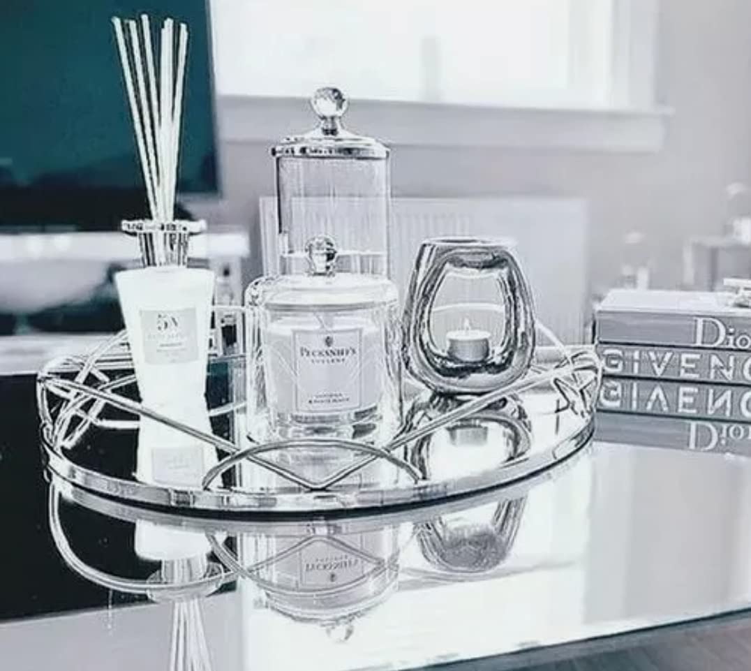 Karina Bailey Silver Round Mirrored Candle / Drinks / Cosmetic Organizer - Large 30Cm