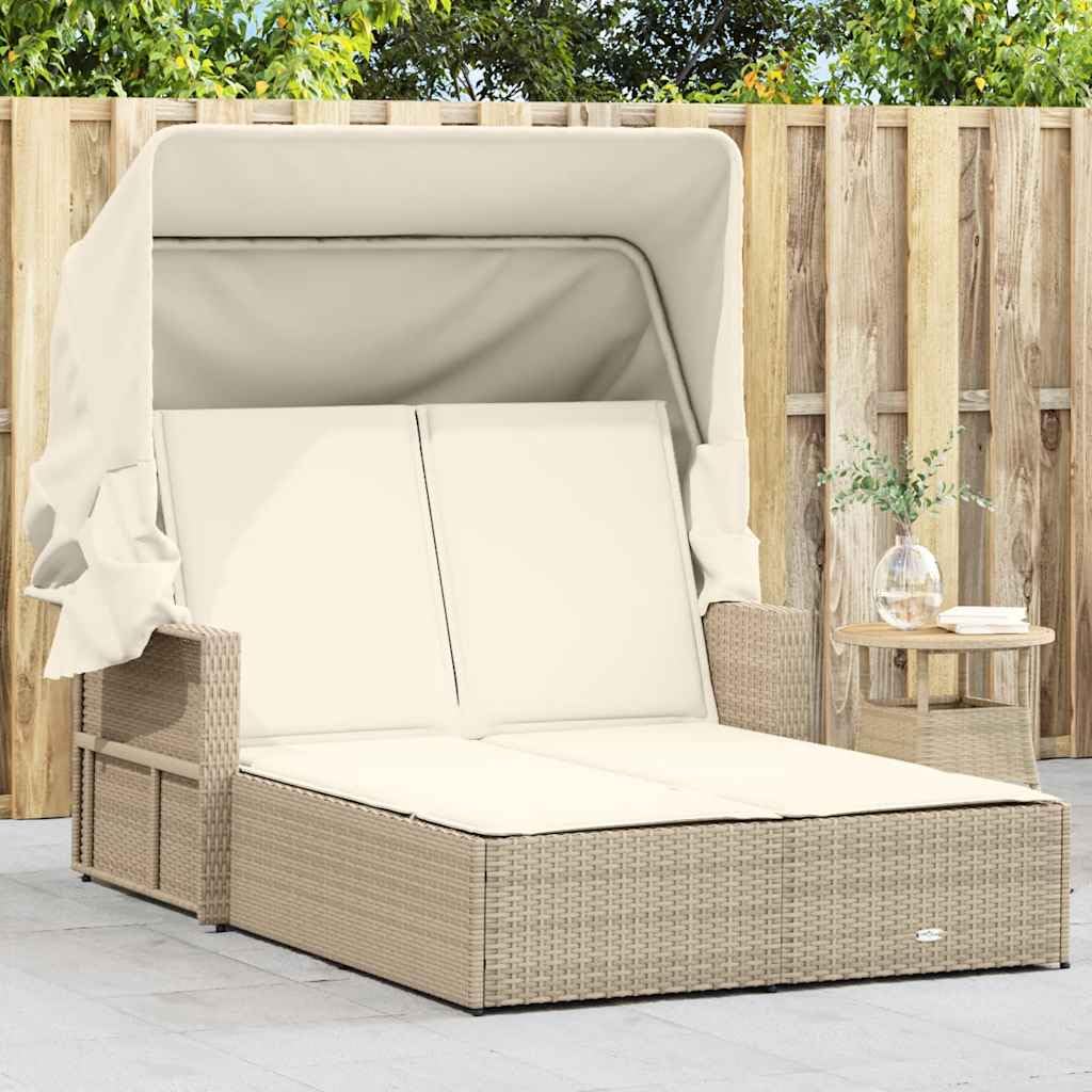 Chaise longue double avec toit pare-soleil en polyrotin - Beige
