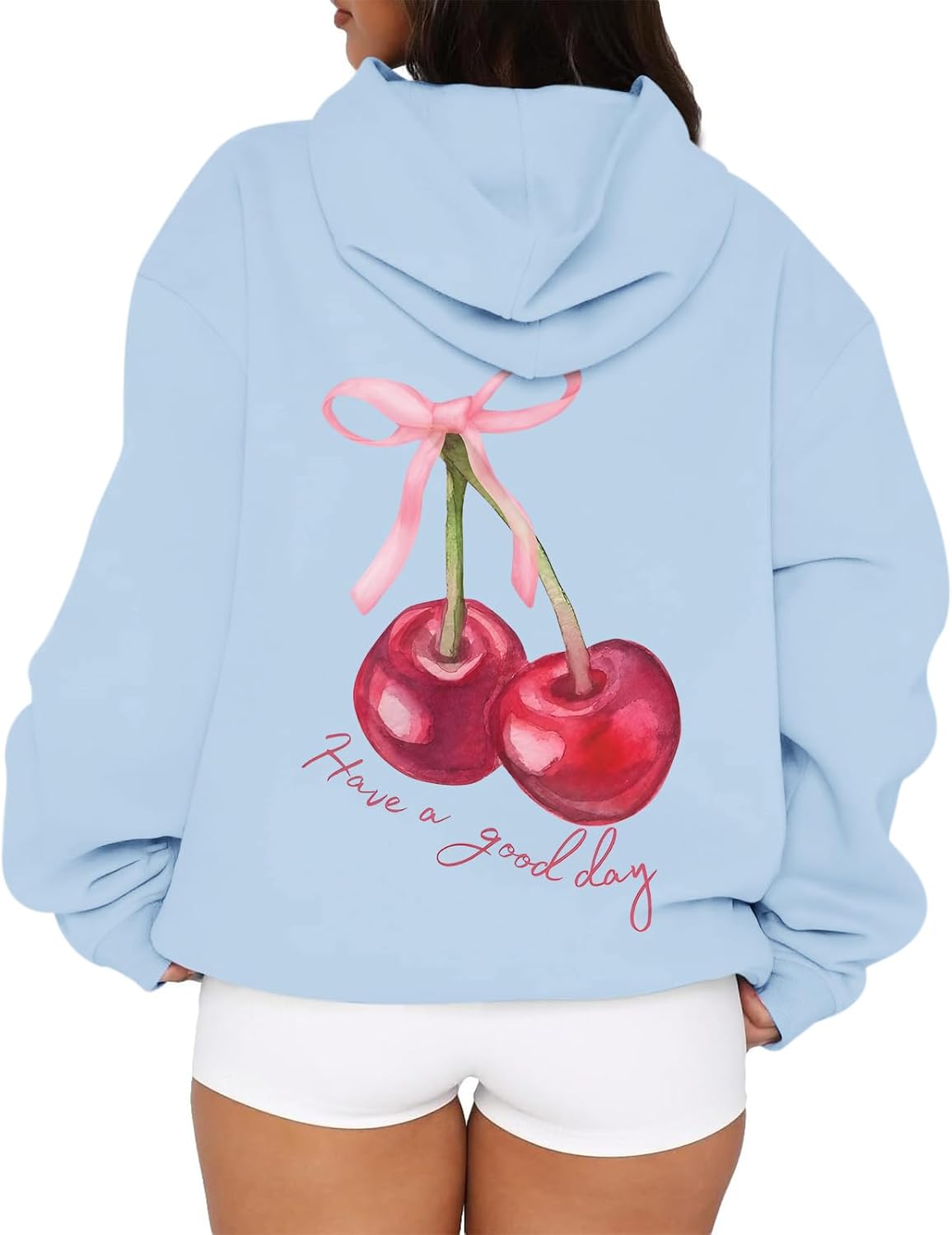 Tuislay Womens Cute Cherry Graphic Hoodie Ribbon Bow Printed Sweatshirt Drop Shoulder Aesthetic Pullover Hoodies With Pocket - Image 2