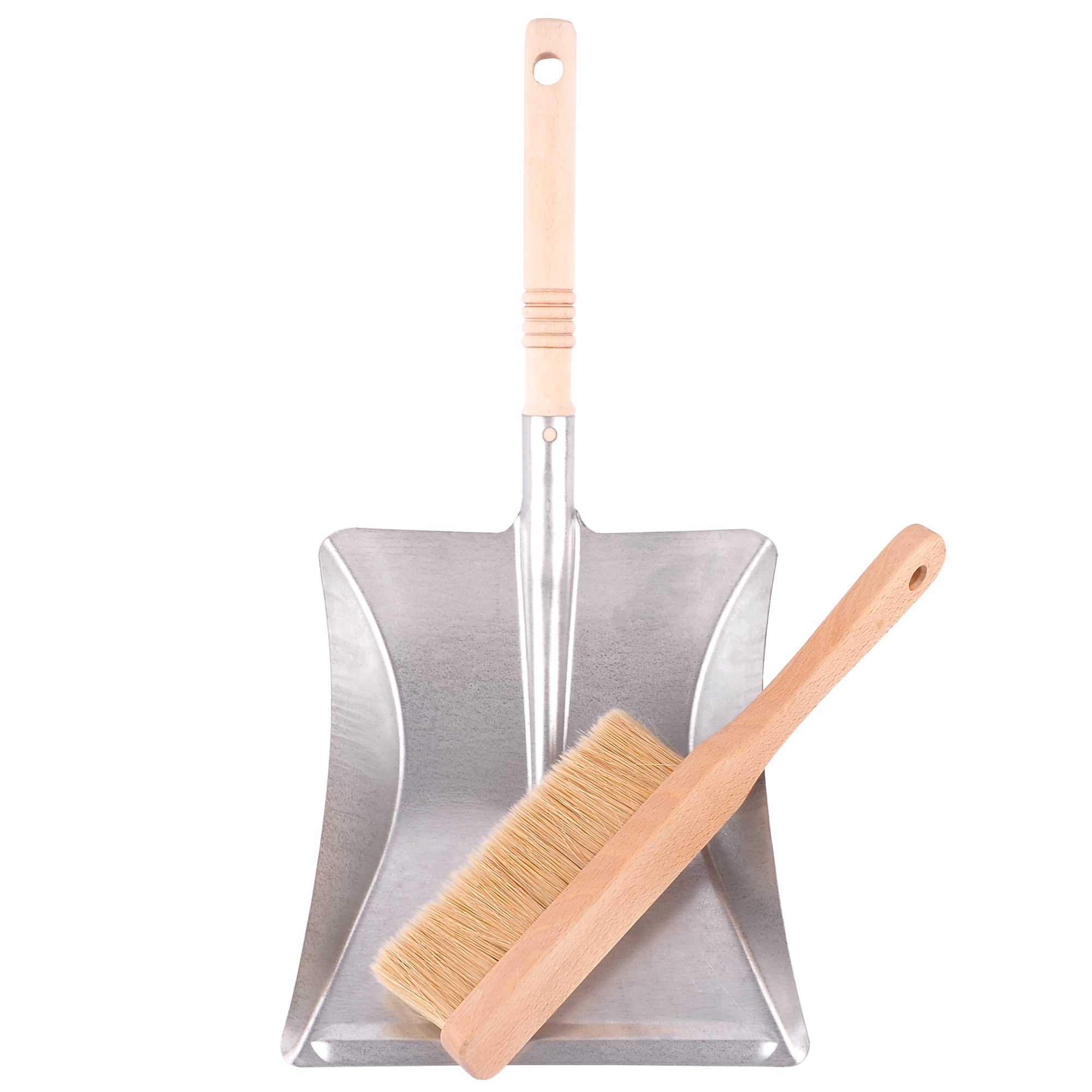 2 Stück Besen mit Kehrschaufel Set Handbesen Schaufel Kehrgarnitur Kehrblech und handfeger Metall Verzinkt Handfeger und Schaufel kaminbesen verzinkte Kehrschaufel mit Holzgriff Robust