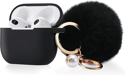 Miniatura 10 de Funda protectora para Airpods 3, funda de silicona suave compatible con Air Pods de 3 generación 2021 con bonito kit de llavero de pompones