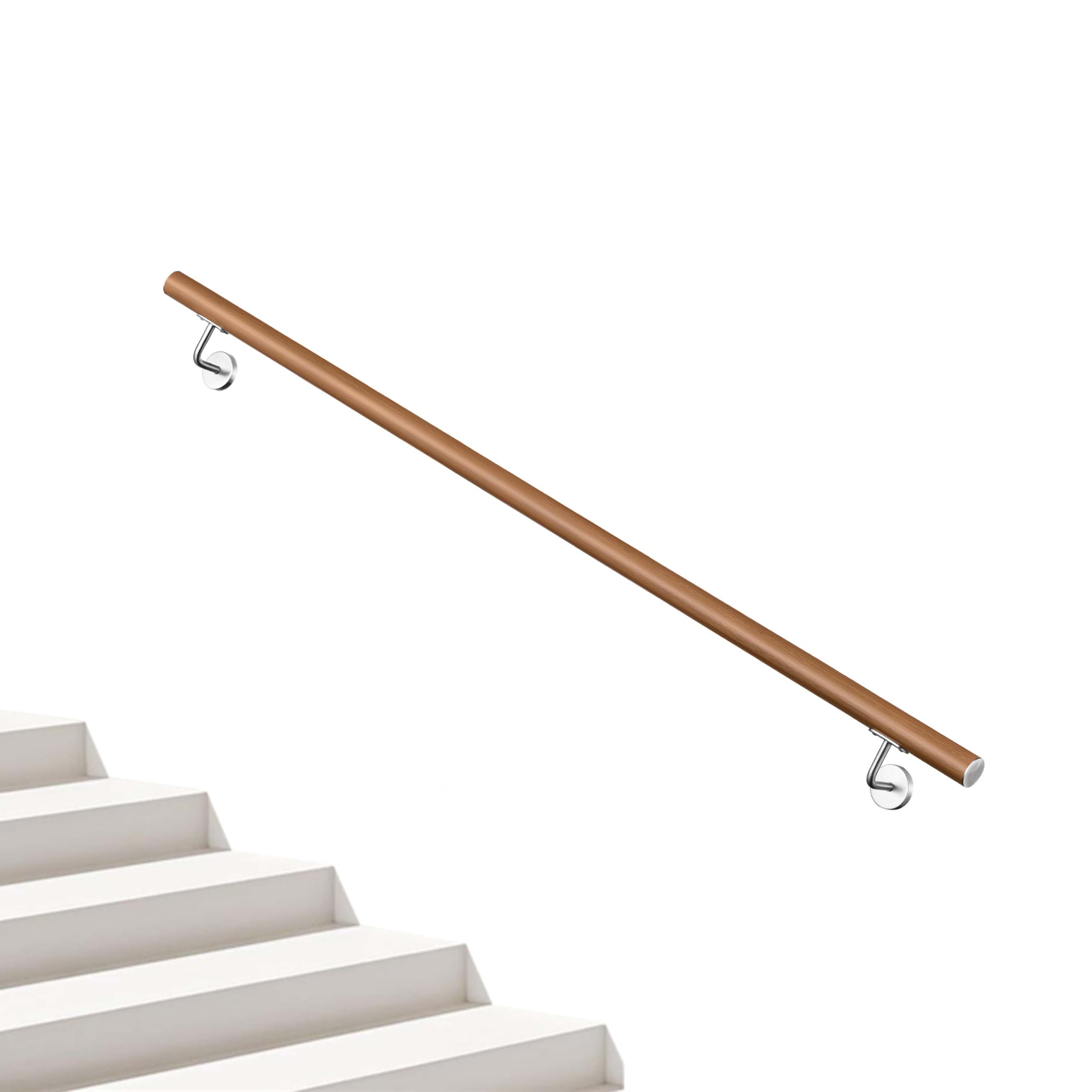 AICA Barandilla de escalera, Pasamanos de acero inoxidable 304 acabado madera marrón, 80 cm con 2 soportes, para Interior y Exterior