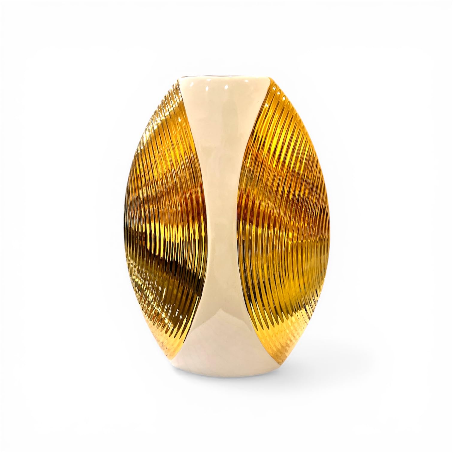 Luxury Golden Ceramic Flower Vase for Living Room Décor | Modern Ribbed Oval Decorative Vase for Home, Office & Table Decoration-image-47