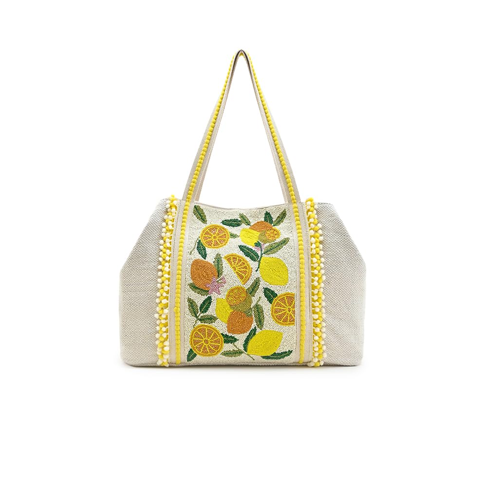 America & Beyond Make Lemonade Tote – 24" X 13" X 6"- Lemon Yellow Hand-Beaded Summer Tote Bag