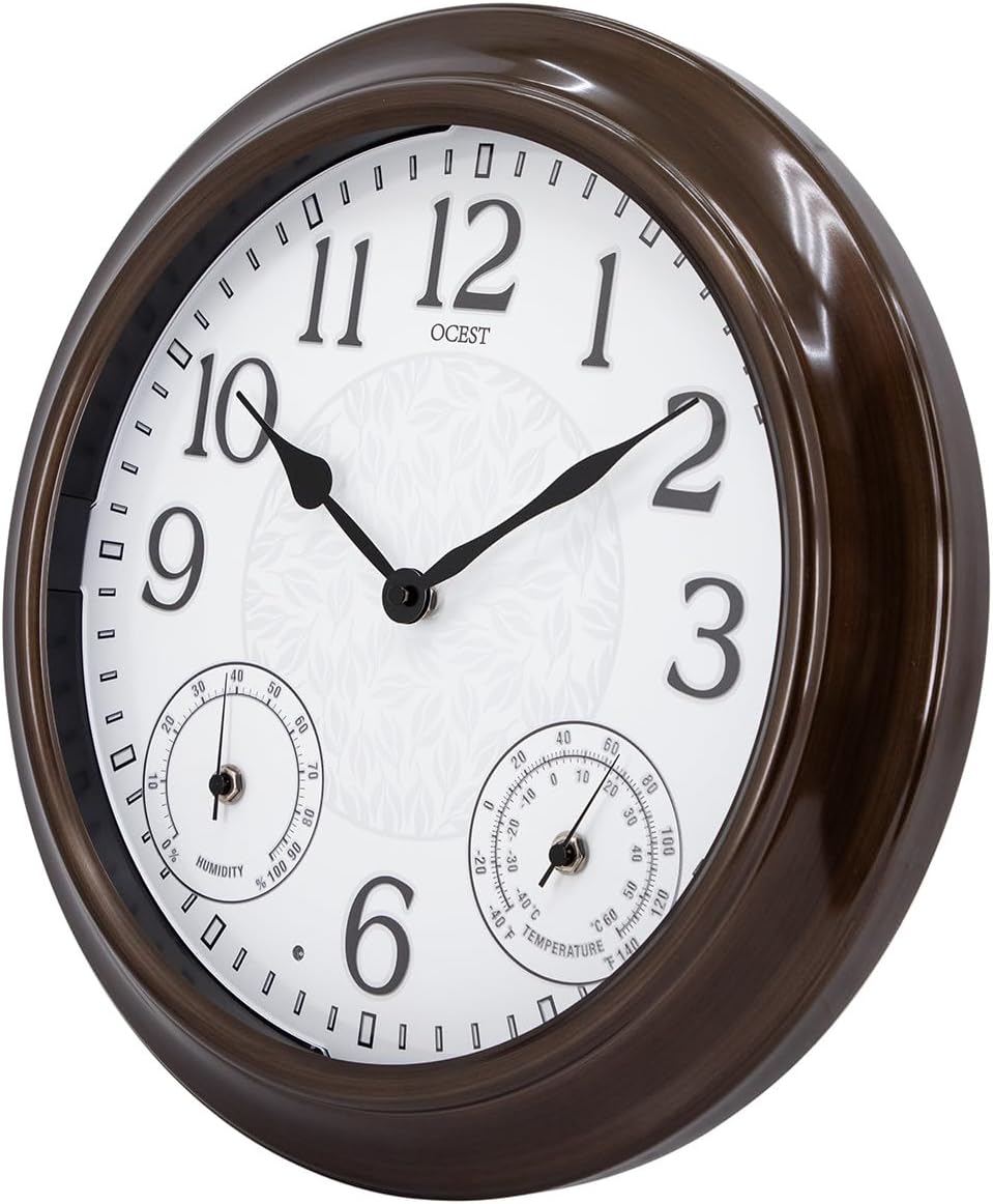 OCEST 15 Inch Illuminated Large Outdoor Clock Waterproof, Night Light Illuminated Wall Clocks with Smart LED Sensor, Temperature and Humidity Combo for Garden Patio Pool Garage (Metal)