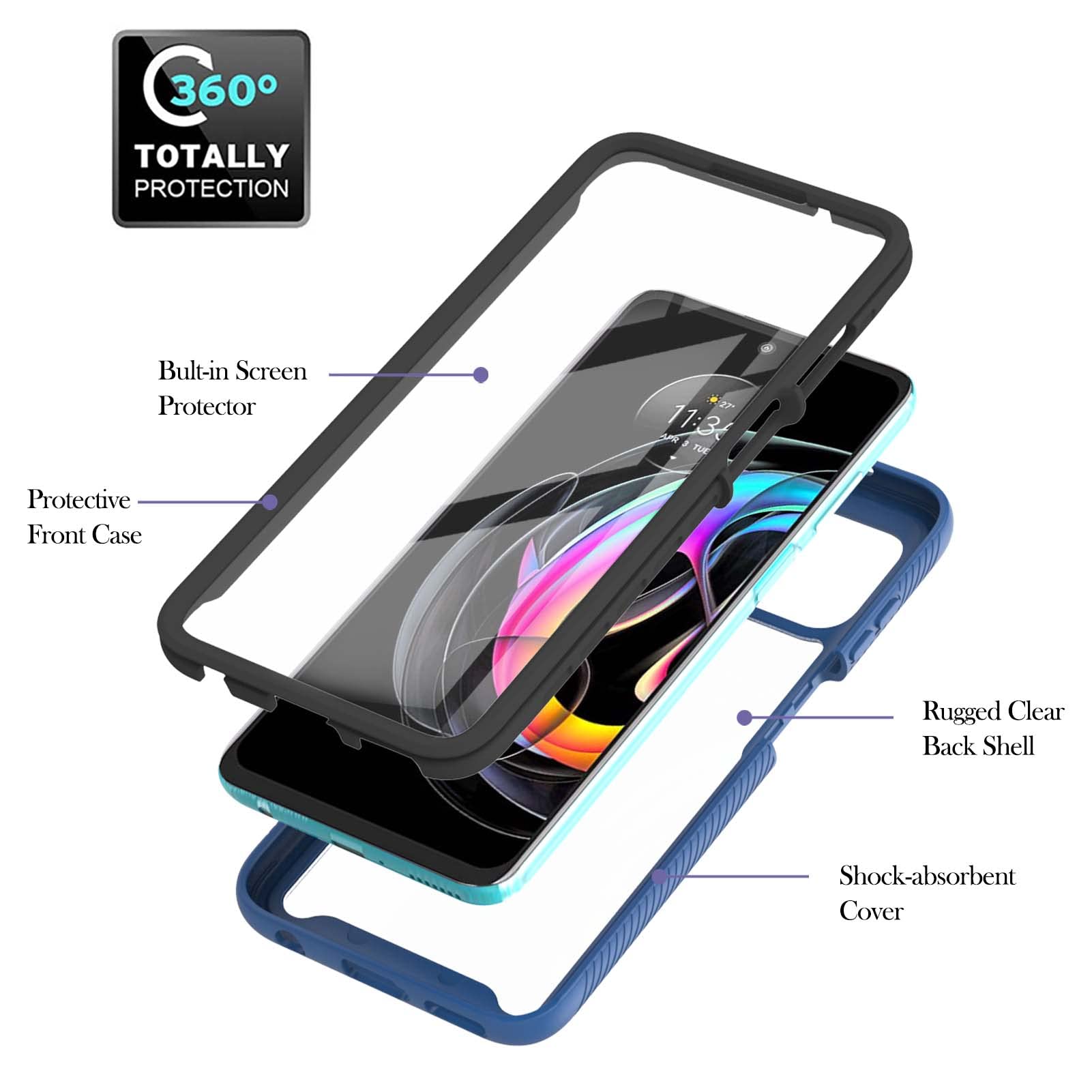 GOKEN Cover per Motorola Edge 20 Lite, 360° Custodia con Pellicola Protettiva Integrata Rugged Case, TPU Silicone Bumper + PC Retro Rigido, Blu