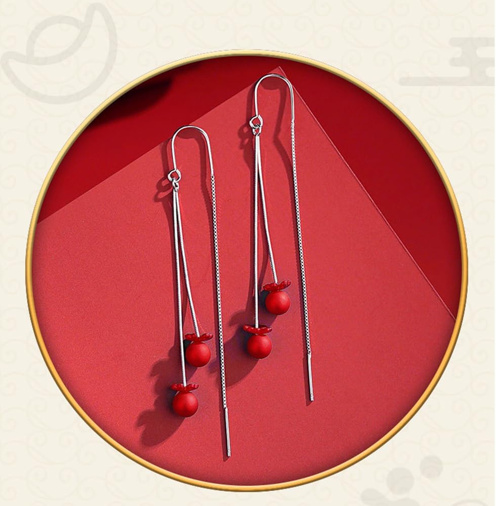 Red Ball Flower Threader Dangle Earrings Long Tassel Earrings Chinese Style Fashion Statement Wedding Prom Silver Drop Earrings for Women Wedding Bridal Jewelry Gift - Image 6