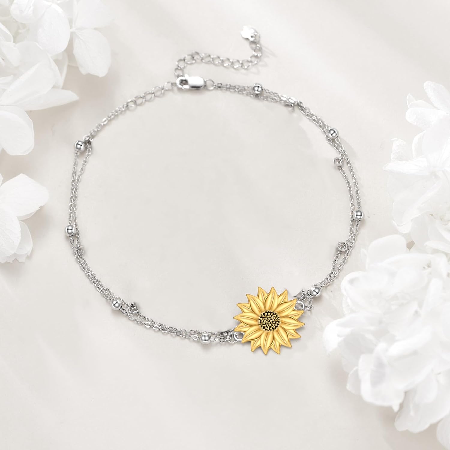 Sunflower Anklet 925 Sterling Silver Flower Pearl Anklet Sunflower Layered Jewelry Summer Beach Jewelry Gifts for Women - Image 3