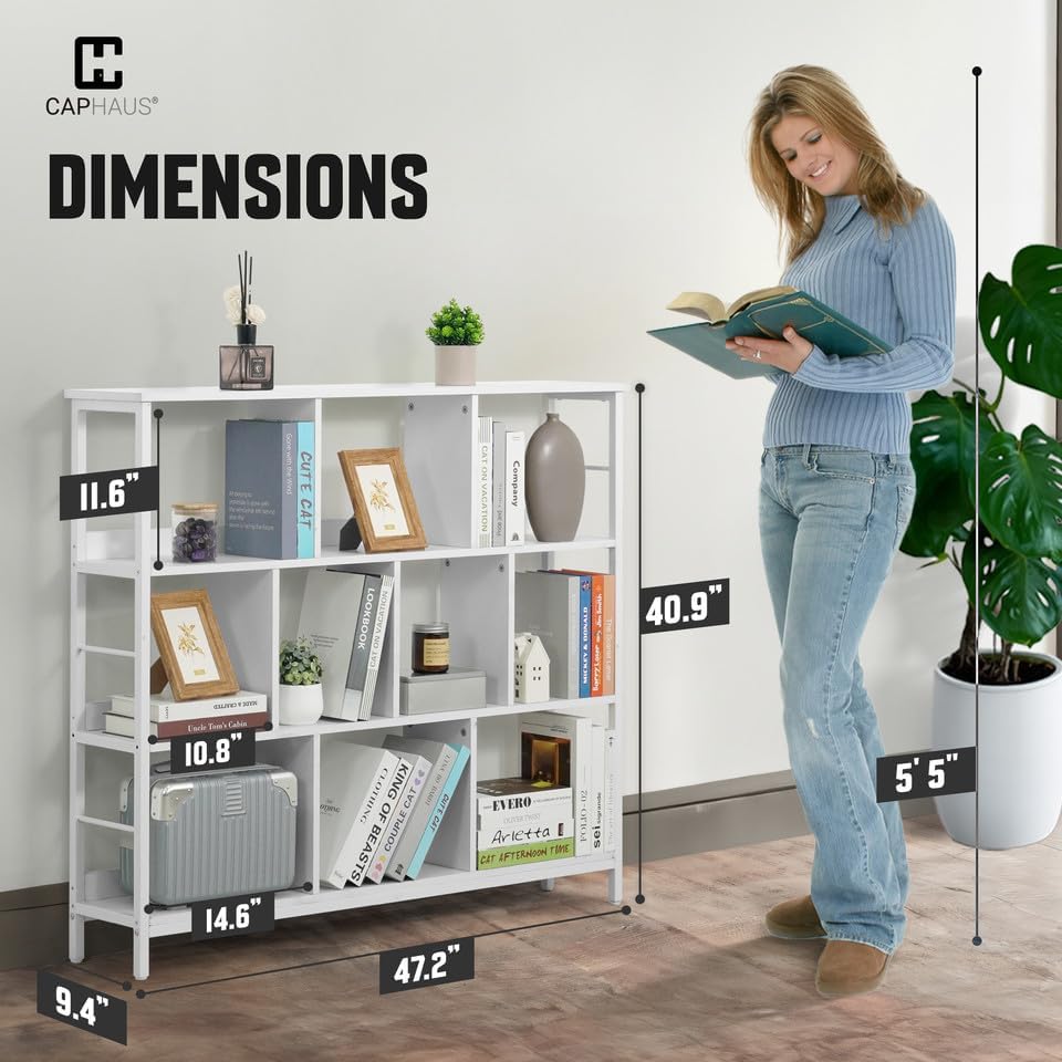 CAPHAUS 10 Cube Storage Organizer, 48” Wide 3 Tier White Industrial Open Shelf Bookcase, Display Shelf, Horizontal Bookshelf with Metal Frame, Wooden Board, for Living Room, Bedroom, Office White 48"