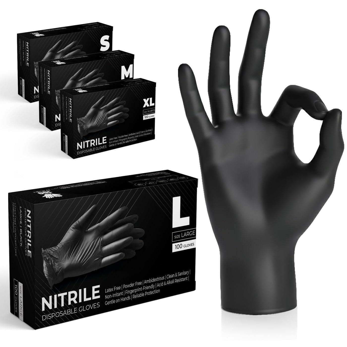The Real Touch Black Nitrile Multi-Purpose Disposable Gloves, Powder Free, Disposable, Extra Strong - Box of 1000 (Black, Large)
