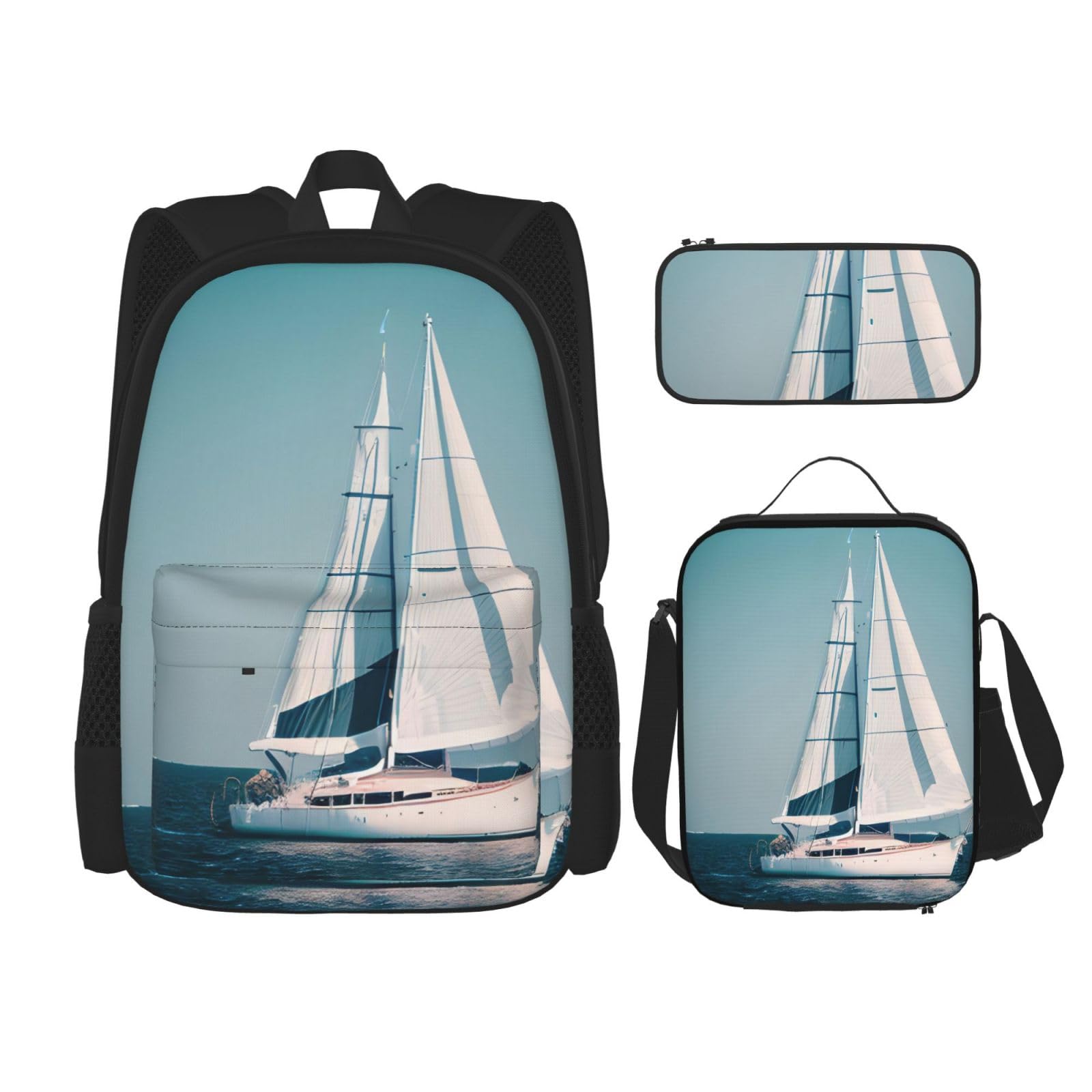Juego de mochila 3 en 1 con estampado de paisaje de velero con bolsa de almuerzo y estuche, adecuado para trabajo, picnic, viajes, Negro -, Talla única