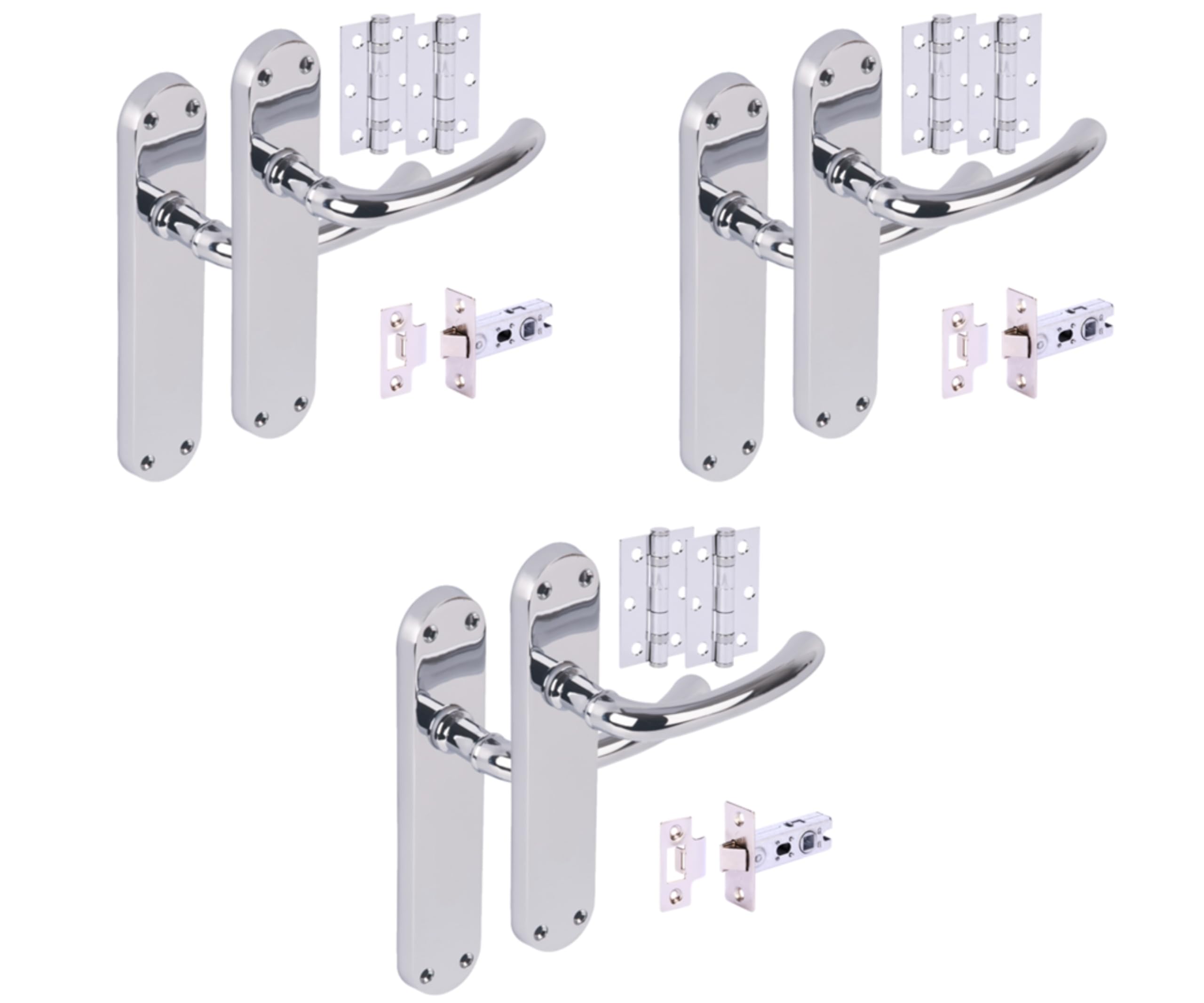 Hunta Polished Chrome Handlezone® 3 Sets Avis Internal Door Handles On Backplate Lever Latch Packs With Ball Bearing Hinges
