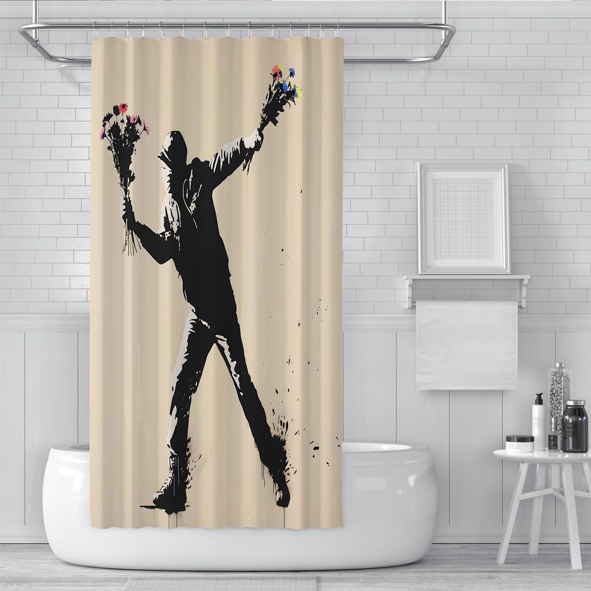 Urban Street Art, Duschvorhang, Mann wirft Blumen, Silhouetten-Illustration, neutraler Tan Creme Stoff, Badezimmervorhang wasserdicht 200 x 240 cm