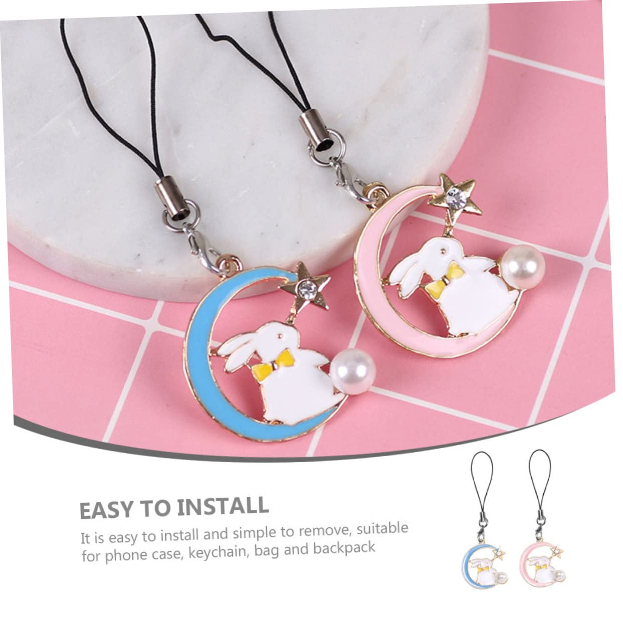 HOOTNEE 2 Pcs Key Chain Mobile Phone Chain Cute Animal Keychain Bunny Keychain Charm Cute Phone Charms Strap Wristband Keychain Moon Keychain Wrist Strap Lanyard Phone Strap Charm Amulet